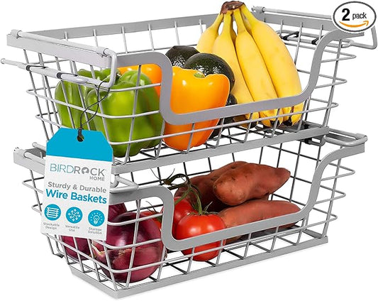 BIRDROCK HOME Wire Baskets - Set of 2 Stackable Hanging Bins - Wall Mount Shelf - Potato Onion Storage - Kitchen Pantry Organizer - Fruit Vegetable Snack Tier - Counter Cabinet Storage - Metal Baskets
