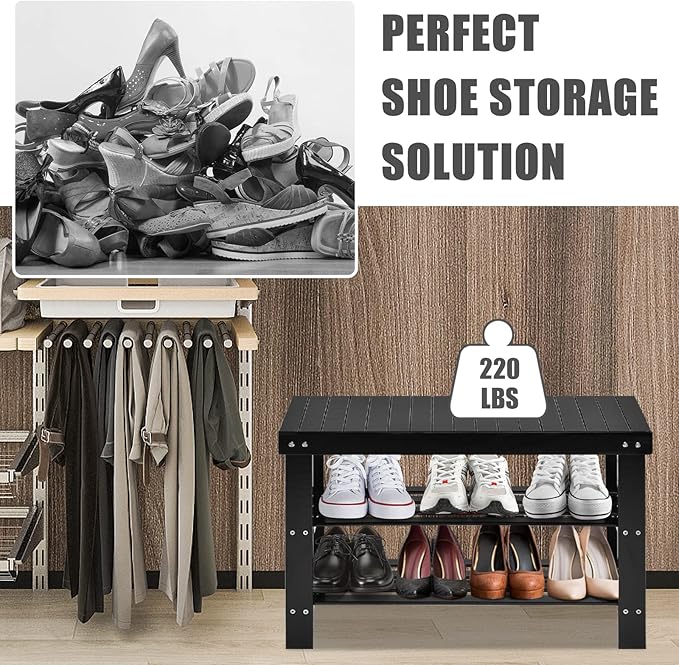 Giantex Entryway Shoe Bench, Bamboo Shoe Shelf Organizer Holds up to 6 Pairs, 3-Tier Black Shoe Storage Rack Heels, Slippers for Entry, Living Room, Bathroom (Black)