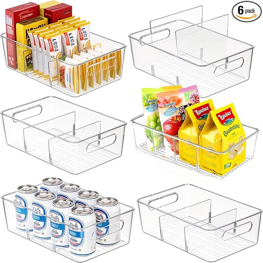 6 Pcs Clear Pantry Organizers and Storage,Plastic Storage Bins for Fridge with Removable Dividers, Kitchen Cabinet Organizers Ideal for Kitchen, Pantry, Refrigerator, Freezer, and Snack Storage-NeatNest