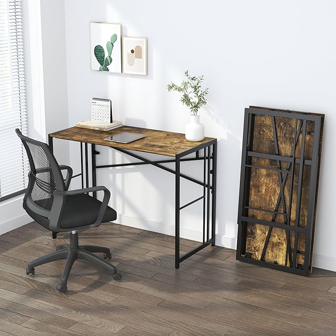 35 inch Small Folding Computer Desk, Writing Gaming Computer Desk for Small Spaces, No Assembly Required Home Office Tale, Rustic Brown-NeatNest