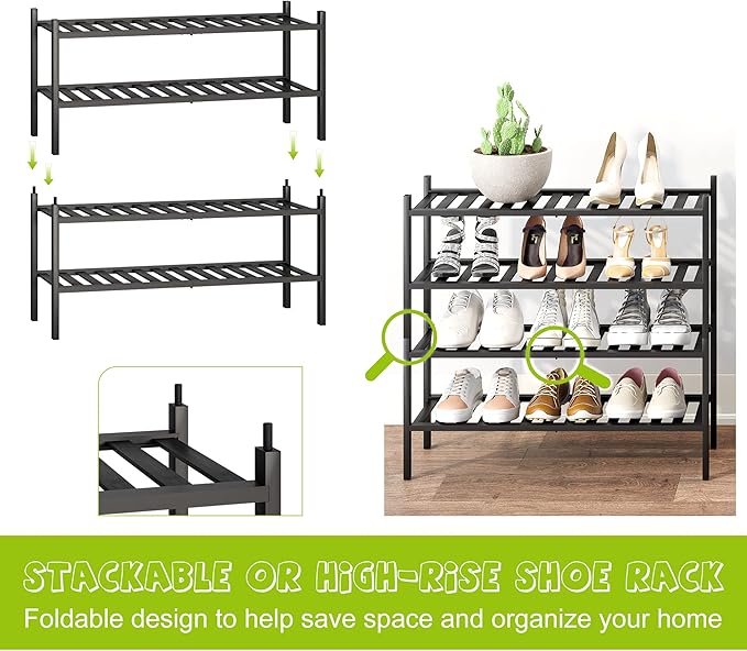 BMOSU 2-Tier Bamboo Shoe Rack Premium Stackable Shoe Shelf Storage Organizer for Hallway Closet Living Room Entryway Organizer (Black Bamboo)-NeatNest