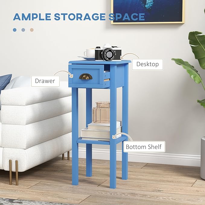 HOMCOM 2-Tier Side Table with Drawer, Narrow End Table with Bottom Shelf, for Living Room, Set of 1, Light Blue