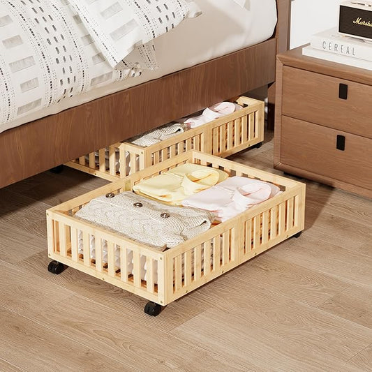 Bamboo Under Bed Storage with Wheels (2-Pack) – Rolling Underbed Shoe Organizer Box for Shoes, Blankets, Toys, Clothes Container Space-Saving Organizer Bins for Bedroom, Closet, Dorm, Nursery-NeatNest