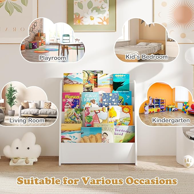 GLACER 4-Tier Kids Bookshelf, Wood Toddler Bookcase with Deep Magazine Display Shelf & Back Storage Space, Children Storage Organizer for Nursery, Playroom, Kids Bedroom, Classroom (White)