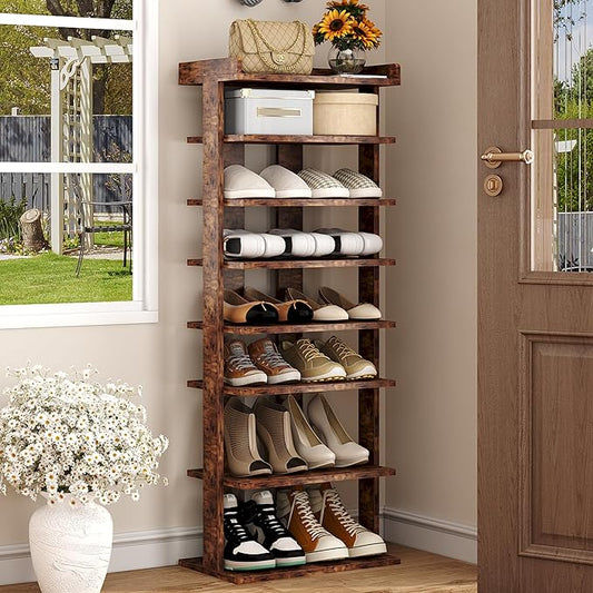 HOMEFORT 7-Tier Wood Shoe Rack, Double Rows Shoe Shelf, Shoe Storage Stand, Entryway Shoe Tower, Vertical Shoe Organizer for Narrow Closet, Entryway, Hallway, Rustic Brown-NeatNest