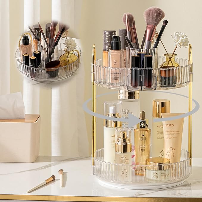 Rotating Makeup Organizer for Vanity, High-Capacity Skincare Clear Make Up Storage Perfume Organizers Cosmetic Dresser Organizer Countertop 360 Spinning (Clear, New-2 Tier)-NeatNest