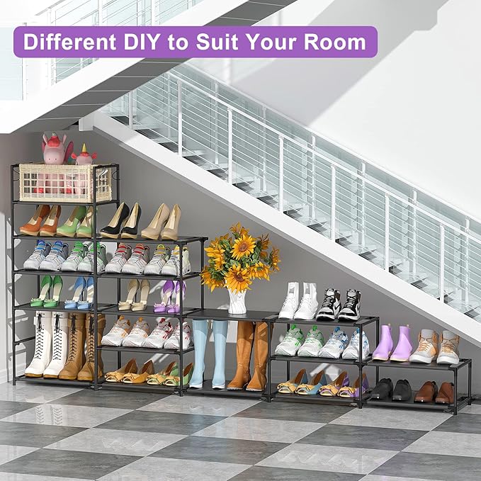 Kottwca Shoe Rack Organizer, Large Shoe Rack for Entryway Closet, Metal Shoe Shelf for Shoes and Boots, Big Non-Woven Fabric Shoe Storage Organizer with Hooks for Cloakroom, Black…-NeatNest