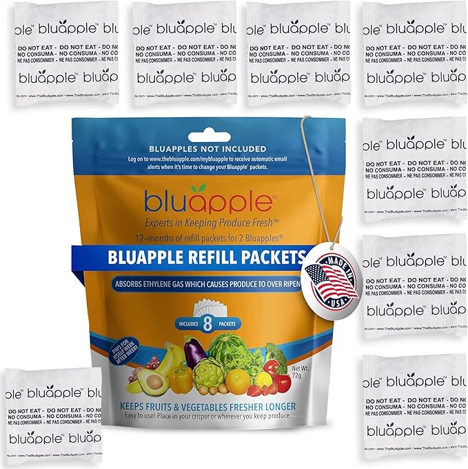 Bluapple Produce Saver Refill Kit - Keep Fruits & Vegetables Fresh Longer, Veggie & Fruit Saver, 8 Packets (9 grams each), Lasts up to 3 Months, Produce Storage, Ethylene Gas Absorber, Made in USA-NeatNest