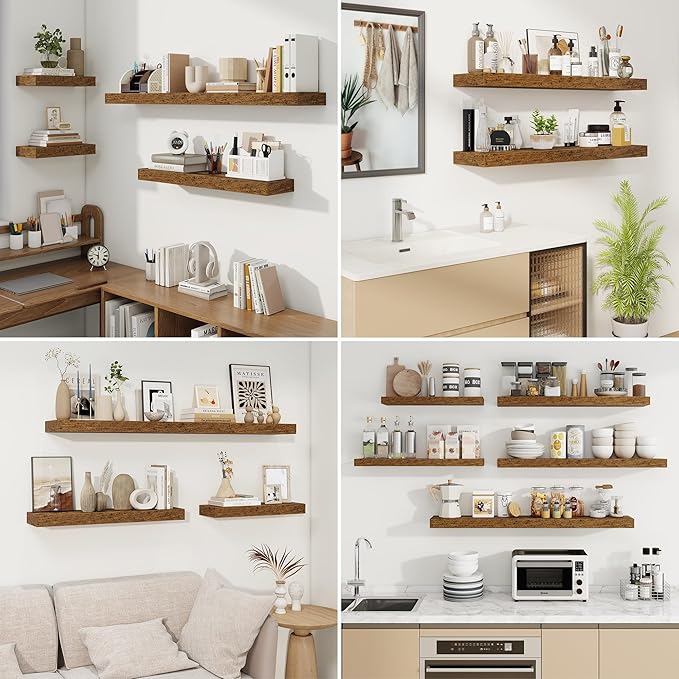 fuqing Floating Shelves for Wall, Bathroom Shelf Wall Mounted for Storage, Shelves with Invisible Bracket for Bedroom, Kitchen, Living Room, Farmhouse Small Book Shelf, 24 Inch Set of 2, Rustic Brown-NeatNest