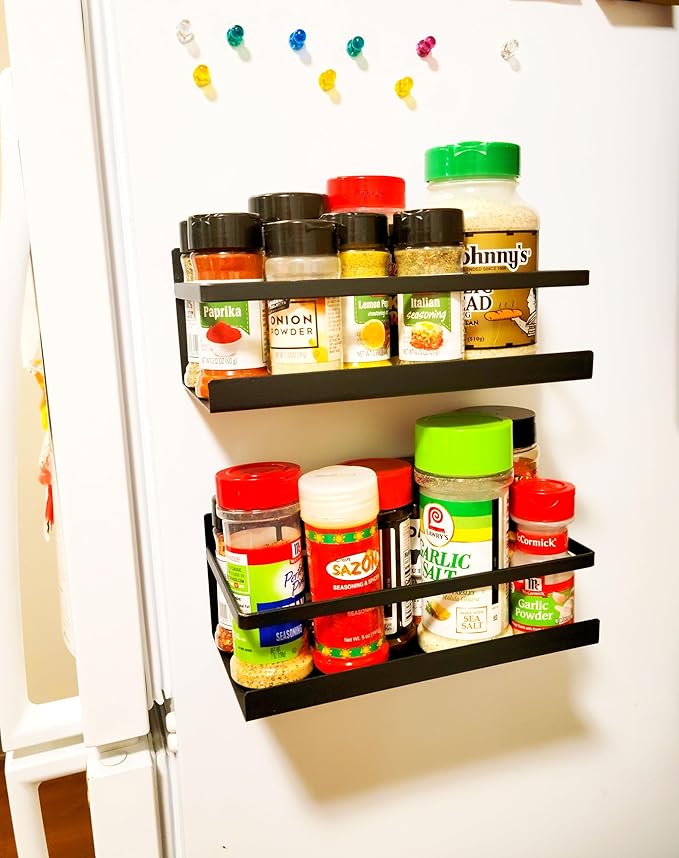 2Pcs Fridge Spice Rack Organizer Single Tier Magnetic Refrigerator Spice Storage Magnet Shelf, Black