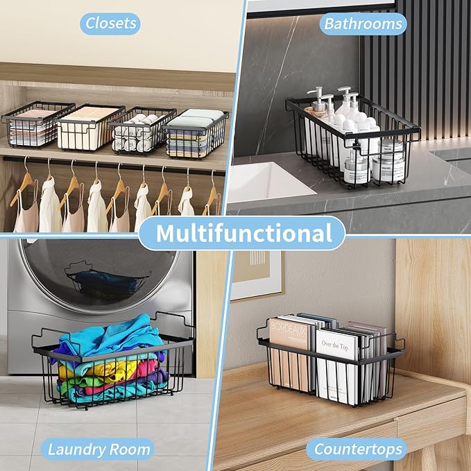 4 Pack Freezer Organizer Bins(14.6‘’L X 7.1‘’W X 5.2‘’H) for 7 Cu.FT Deep Ches Freezer Sort Frozen Meats | Stackablet Deep Freezer Organizer Bins Get Food Easily w/Handle(Black), Gifts Ideas for Mom