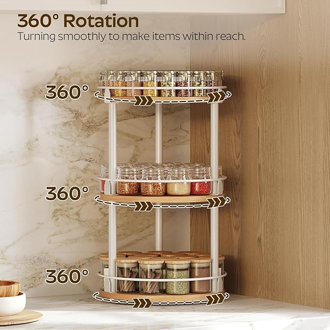3-Tier Lazy Susan Organizer, Rotating Spice Rack, Spinning Organizer, Industrial Turntable Spice Rack Organizer for Cabinet, Kitchen Countertop, Pantry, White and Natural SR23WN-NeatNest