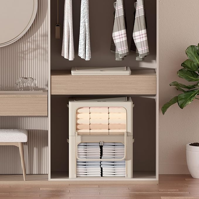 3Pack Frame Storage Box - Clothes Storage Bin Bags Oxford Fabric Foldable Stackable Container Organizer Set with Clear Window & Carry Handles Large Capacity (Beige, Small-22L)-NeatNest