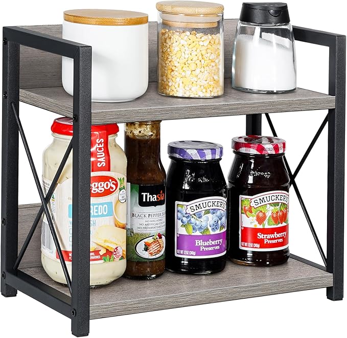 Giikin Countertop Shelf Organizer, 2 Tier Kitchen Spice Rack Organizer for Countertop, Wood Coffee Counter Shelf Organizer for Home (Grey, S)-NeatNest