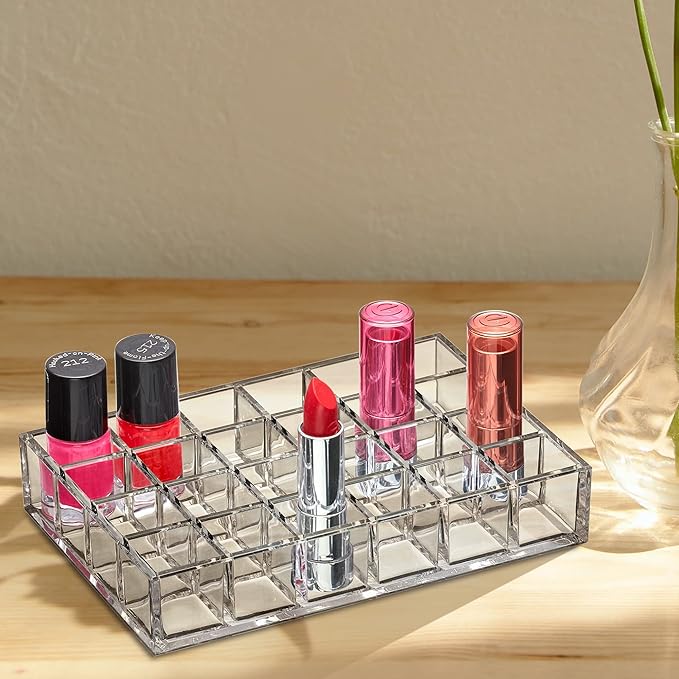 Amazing Abby - Allure - 24-Slot Acrylic Lipstick Organizer, Lipstick Holder, Lip Gloss Holder, Cosmetic Storage Display, Perfect Storage Solution for Drawer and Vanity (Slot Size: 1.0" x 1.0")-NeatNest