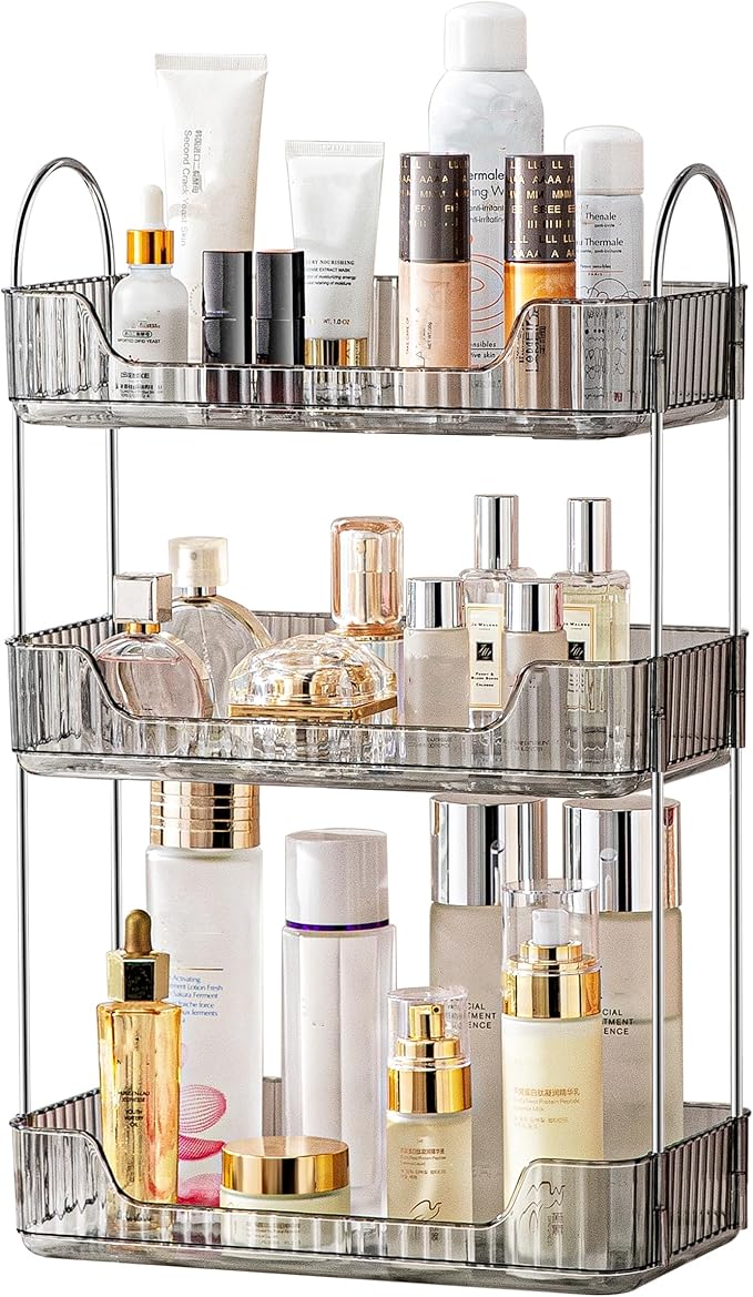 Bathroom Organizer Countertop, Vanity Trays for Bathroom, Skincare Makeup Organizer Tray, Vanity Organizer, Bathroom Counter Organizer for Cosmetics, Toiletries, Lotions, Perfumes (3 Tiers, Grey)-NeatNest