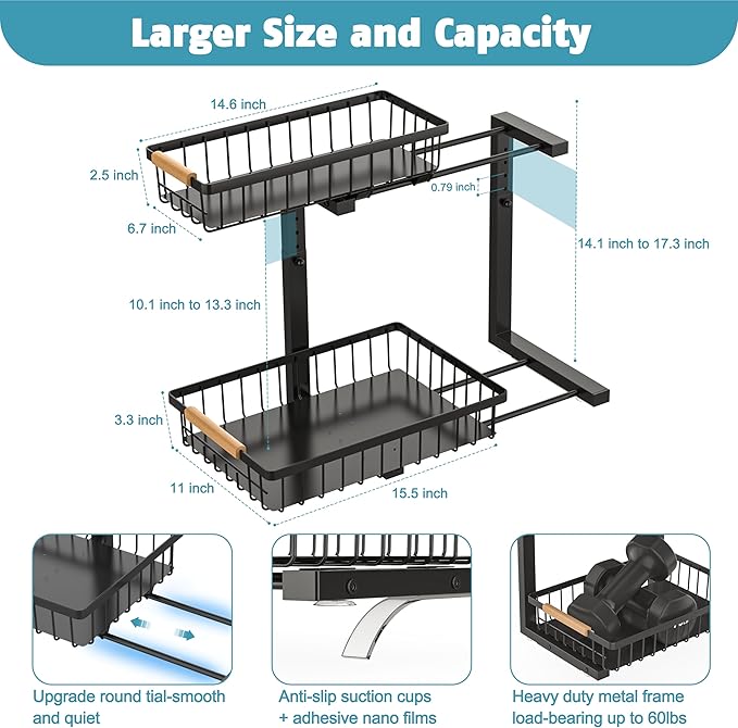 Under Sink Organizer Storage 1 pack, 2 Tier Slide Out Height Adjustable Pull Out Cabinet Organizer Drawers, Kitchen Bathroom Large Capacity Metal Under Sink Rack Caddy Basket Shelves, Black-NeatNest