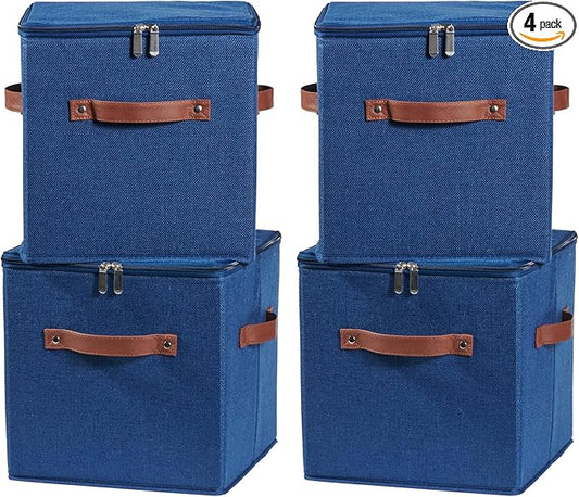4PCS Storage Cubes with Lid Fabric Storage Bin Box PU Leather Handles Cotton Linen Closet Organizer Container Decorative Foldable Washable Shelf Cloth Basket (Zipper Lid, Deep Blue, 11in)-NeatNest