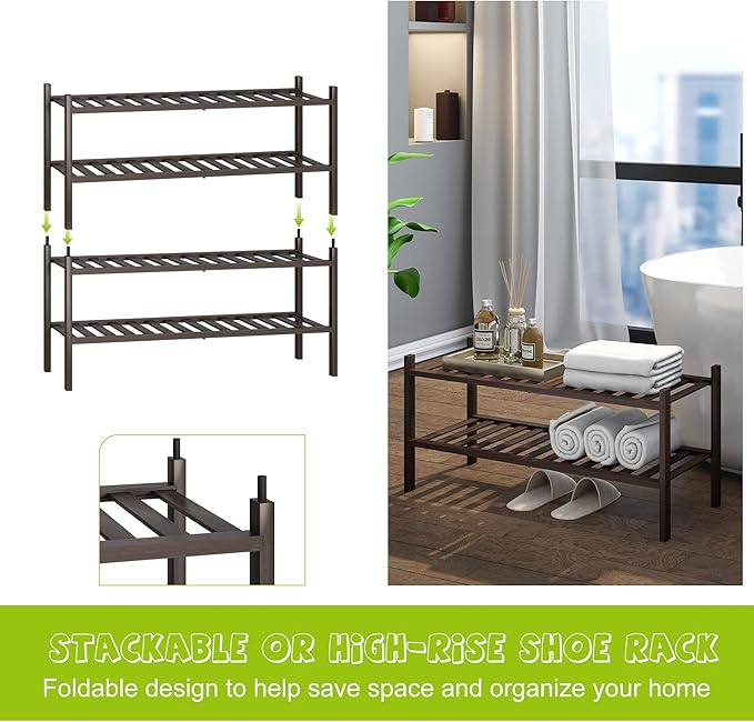 BMOSU 2-Tier Bamboo Shoe Rack Premium Stackable Shoe Shelf Storage Organizer for Hallway Closet Living Room Entryway Organizer (Brown Bamboo)-NeatNest