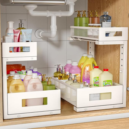 2-Pack Under Sink Storage Organizer, Large 2-Tier Elegant Mesh Pull Out Shelf for Kitchen and Bathroom Cabinet Organization, L-Shaped and Adjustable Height Design for Maximum Space Efficiency-White-NeatNest