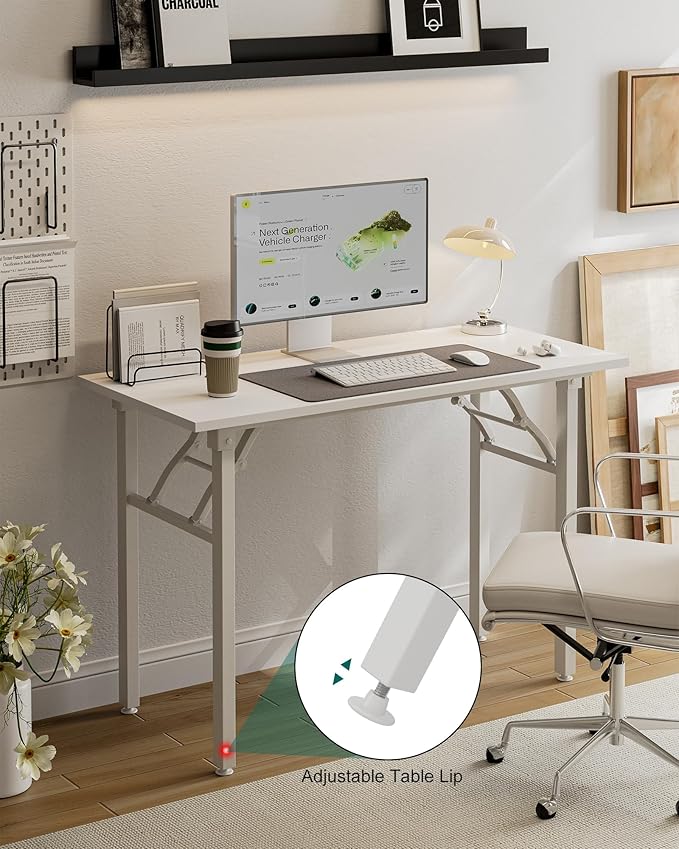 Frylr Small Folding Computer Desk – Portable 43.3 Inch Foldable Laptop Table, Collapsible and Compact for Easy Storage and Fast Setup, Lightweight for Small Spaces, Craft and Study Use, White