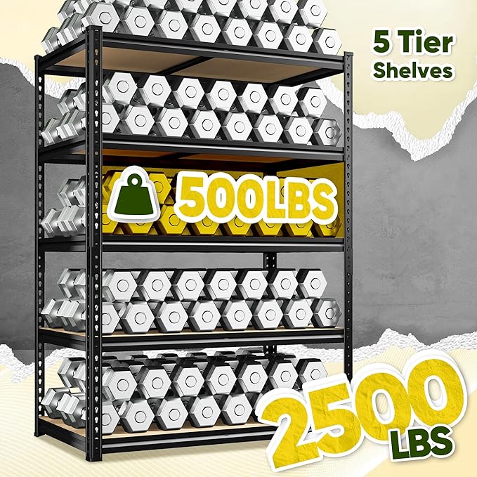 72" H Garage Shelving, 5 Tier Storage Shelves Load 2500 lbs, Adjustable Garage Shelves, Metal Shelving Unit for Warehouse, Basement, Pantry, 40" Wx 16" D x 72" H, Black-NeatNest