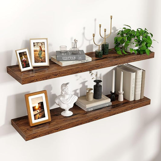 Floating Shelves for Wall, 36"W x 7.8"D x 1.5"H, 2 Pack of Long Wall Mounted Engineered Wood Shelves with Invisible Brackets for Living Room, Bedroom, Bathroom Kitchen Decor Storage, Rustic Brown-NeatNest