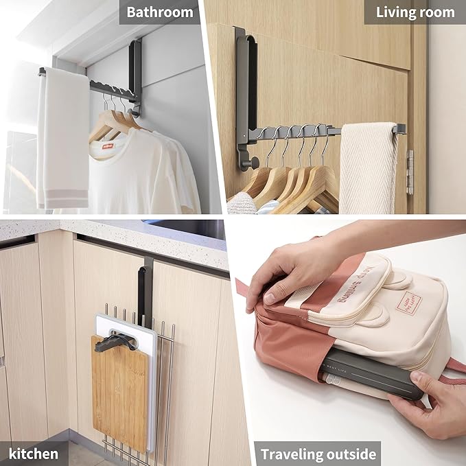 Over The Door Hooks Hanger Fit Door up to 1 3/4" Optimal 2pc,Over The Door Hanger with Retractable Rod,Foldable Over The Door Drying Rack for Laundry Bathroom Bedroom (Space Grey, 2 Pack)