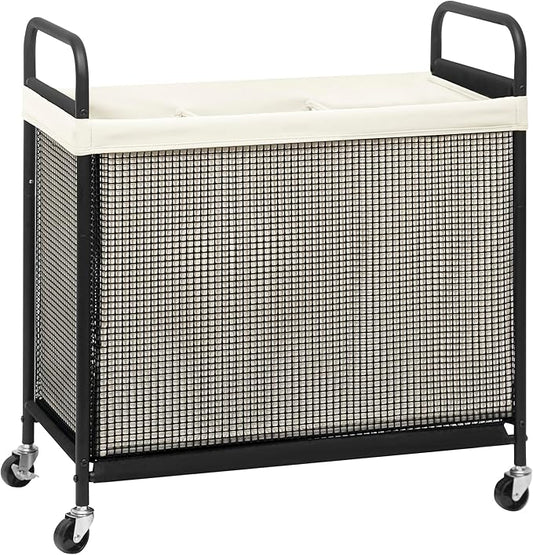 STORAGE MANIAC Rolling Laundry Hamper with Wheels 3-Section Laundry Sorter Rolling Laundrys Basket on Wheels with Removable Bag Clothes Hamper Laundrys Organizer Cart Bathroom Bedroom 120L Beige