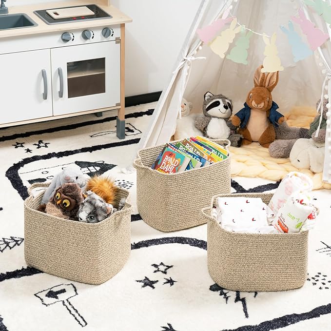 INDRESSME Dog Toy Basket, Woven Basket for Blankets, Baby Gift Baskets for Nursery Large Shelf Bin for Towels, Books, Rectangle Storage Baskets for Organizing, Brown, 13 x 10 x 9 inches