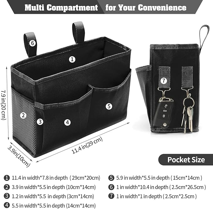 Bunk Bed Organizer, Bedside Caddy Hanging Bed Organizer Storage Bag with 4 Pockets and 2 Hooks, for College Dorm Rooms Bed, Hospital Bed, Baby Bed Rails, 600D Oxford Cloth (Black)-NeatNest