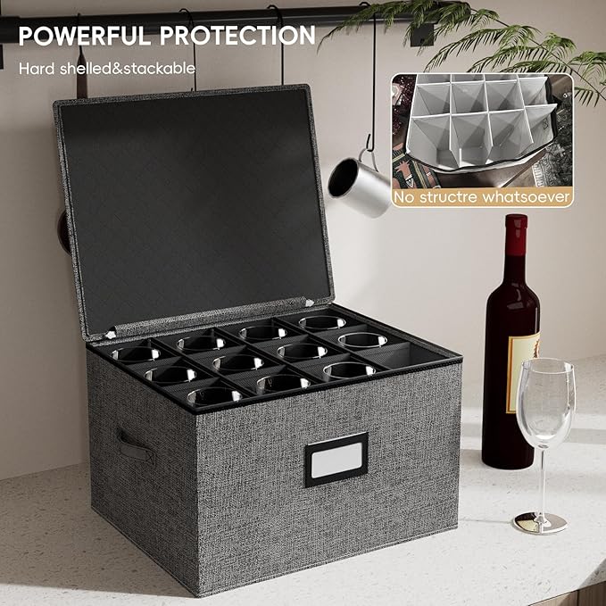homyfort Wine Glass Storage Box, Stemware Storage Cases with Dividers, Hard Shell China Storage Containers 12 Cells for Long Stem, Collapsible Crystal Glassware Storage (Wine Glass Storage Box)-NeatNest