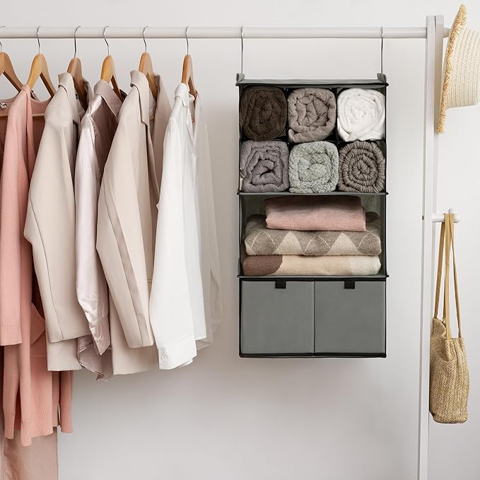 GRANNY SAYS Hanging Closet Organizer with Drawers, 4 Shelf Dividers Closet Hanging Organizer, Foldable Hanging Shelves for Wardrobe Closet, Small Closet Organizers for Clothes Shoes, Grey-NeatNest