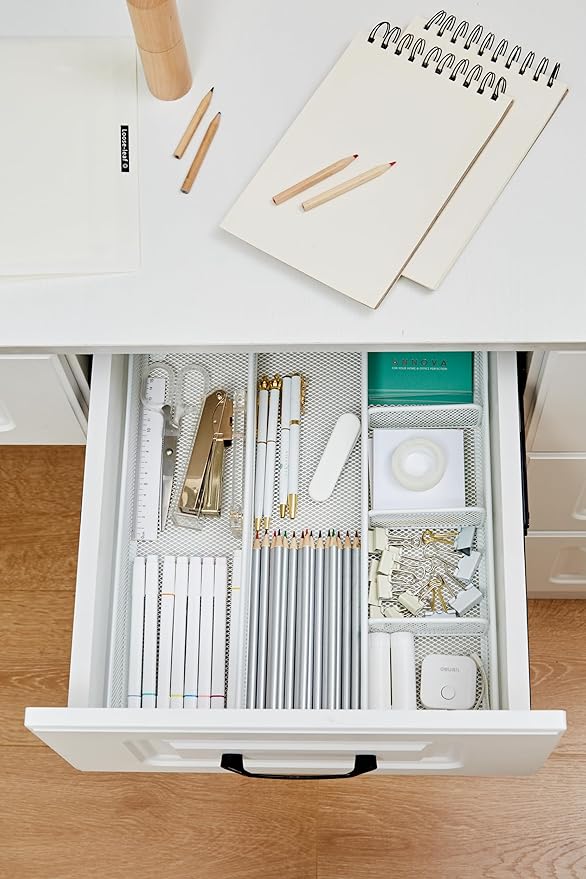 Annova Desk Top Organizer Tray for Office Organization - Metal Mesh - Storage Tray with Dividers for Pens, Desktop Accessories, Bathroom, Kitchen, Makeup and Office Supplies (Large, White)-NeatNest