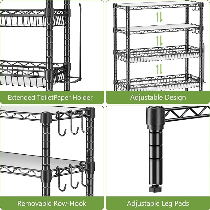 4-Tier Over The Toilet Storage, Bathroom Shelves with 6 Hooks, Metal Over Toilet Organizer with Adjustable Shelf and Basket, Freestanding Rack Space Saver for Bathroom, Laundry, Black