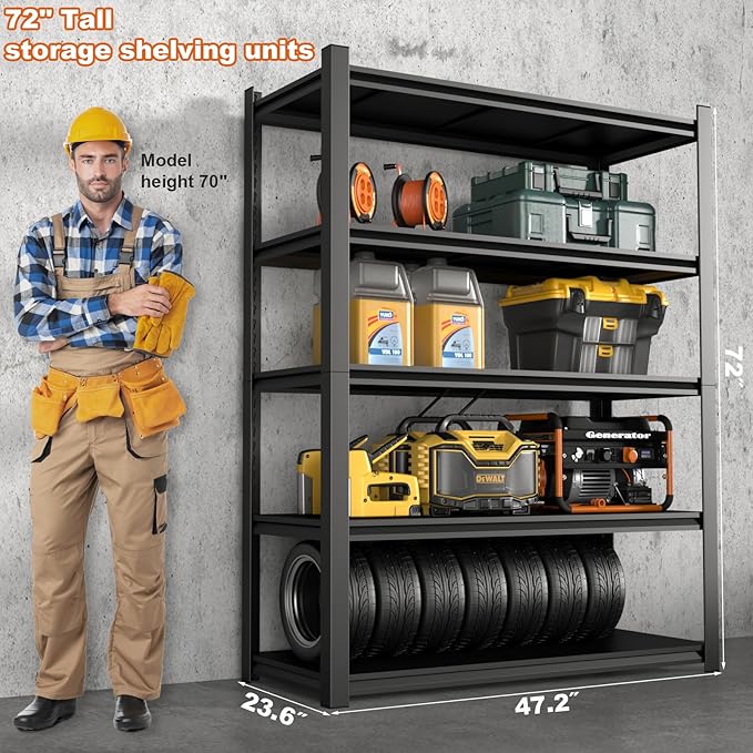 Heavy Duty Shelving,5-Tier Metal Storage Shelves,Metal Shelves for Garage Storage,Steel Shelving 24" D x 47" W x 72" H
