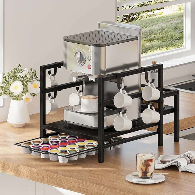 HOOBRO K Cup Holder, Coffee Pod Organizer for Counter, 35 Capacity Pods Storage Organizer Cups with Mug Rack, Coffee Maker Stand, Coffee Station for Syrup, Black BB01CR01-NeatNest