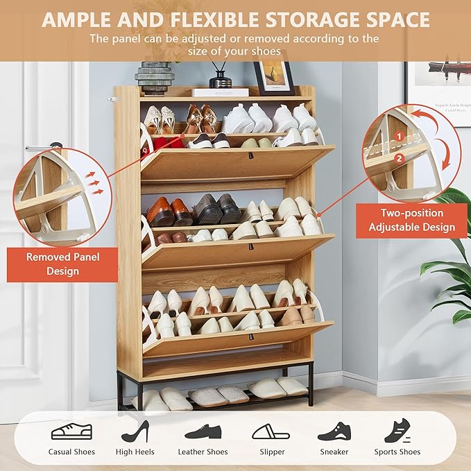 LEVNARY Shoe Storage Cabinet with 3 Flip Drawers, Freestanding Shoe Cabinet Storage Organizer for Entryway, Wooden Narrow Shoe Racks Cabinet with Metal Legs for Hallway (Natural Oak)-NeatNest