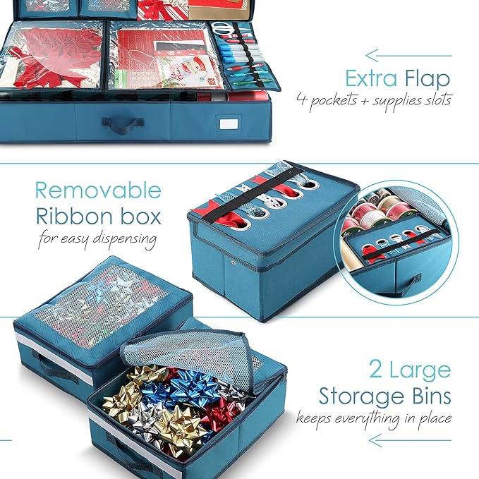 Hearth & Harbor Wrapping Paper Storage Container with Ribbon Dispenser and Interior Pockets - Large Christmas Storage Containers with Wheels, Fits 30 Rolls of 40" Length, Blue-NeatNest