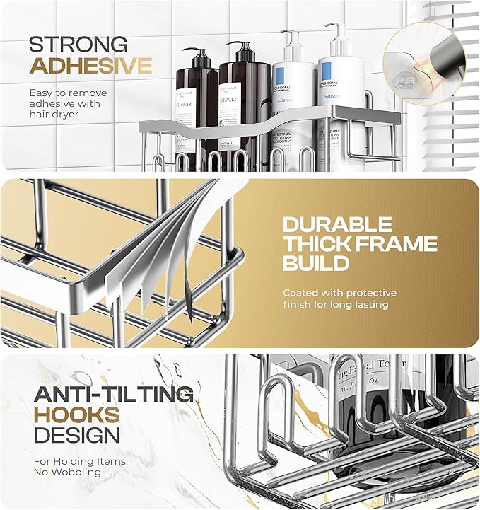 Luxury Style 5 Pack Stainless Steel Adhesive Shower Caddy Set - Rustproof Bathroom Organizer with Large Capacity Storage| No Drilling Shelves Shower Caddy Organizer | Bathroom Decor (Shiny Silver)