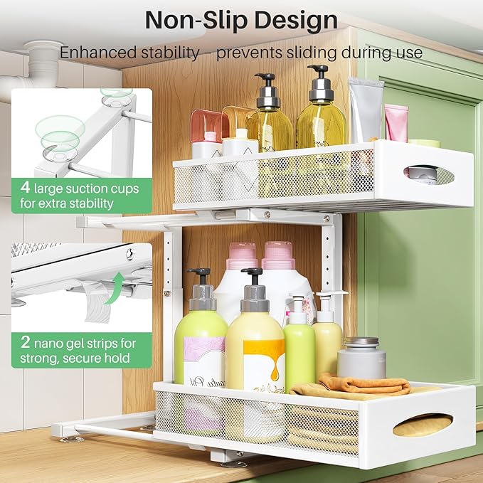 Under Sink Organizer, 2 Tier Pull out Cabinet Organizer Baskets with Mesh Sliding Drawers, Slide out Storage Shelf for Home, Kitchen, Bathroom, Pantry, Office Cabinet(1 Pack, White)-NeatNest