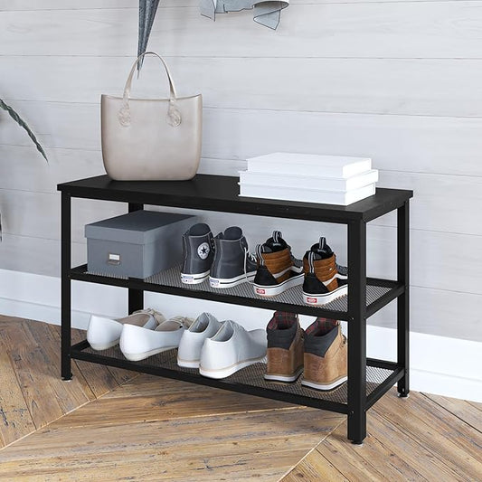 HBCY Creations Blackwash Solid Pine Wood 3-Tier Entryway Shoe Rack Bench with Metal Mesh Shelves, for Entryway, Mudroom, or Bedroom, and More!-NeatNest