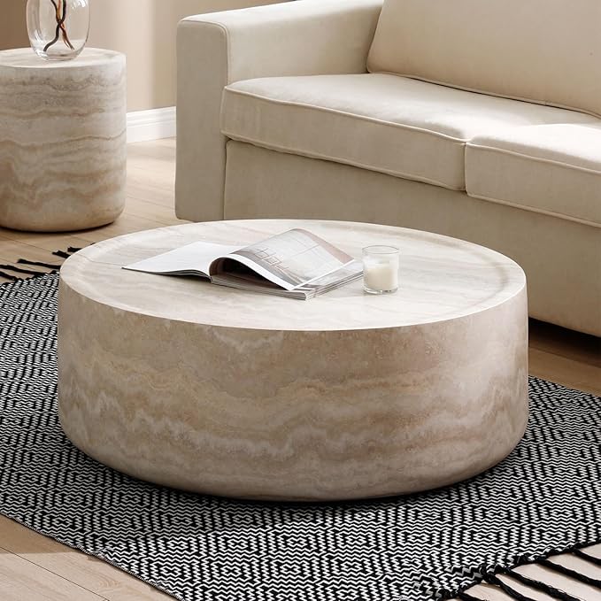 Faux Marble Coffee Table, Modern Round Coffee Table for Living Room, Circle Drum Coffee Side Tables, Fiberglass Center End Table for Small Place Apartment Office (35.43" Marble)