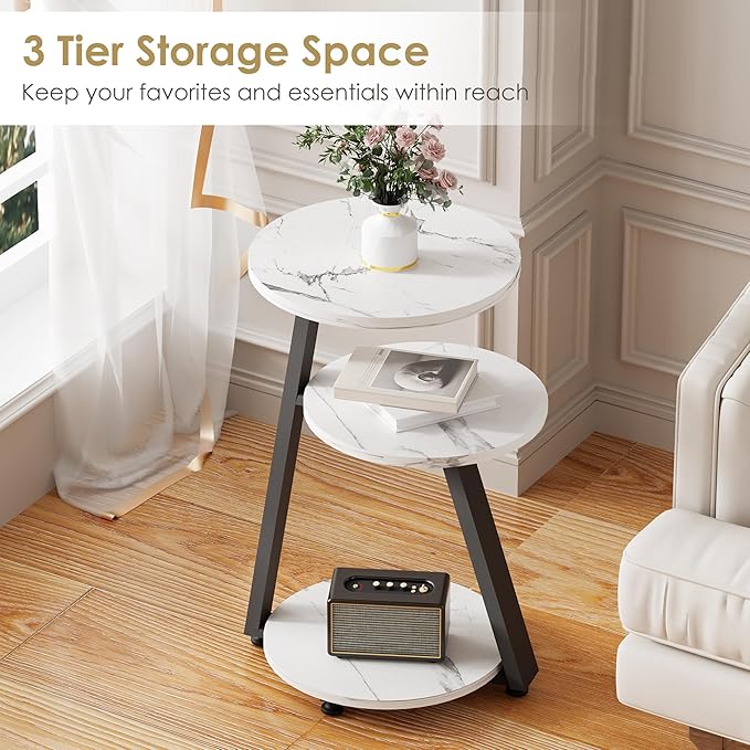 BEWISHOME Round End Table Marble Side Table with Metal Frame, Small Nightstand with 3-Tier Shelves, Night Stand for Living Room Bedroom Tall Black KTZ41H-NeatNest