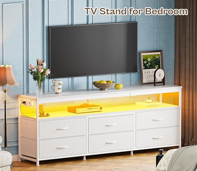 Huuger 63 Inch TV Stand for 55, 65, 70 Inch TV, Long Dresser TV Stand for Bedroom, White LED TV Stand with Power Outlets, Fabric Drawer Dresser with Storage, Entertainment Center for Living Room-NeatNest