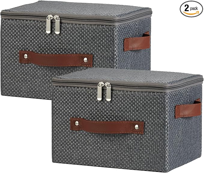 2PCS Storage Bins with Lid Fabric Storage Box Basket PU Leather Handle Textured Woven Cotton Linen Decorative Foldable Washable Shelf Closet Organizer Container (Zipper Lid, Gray, Small)-NeatNest