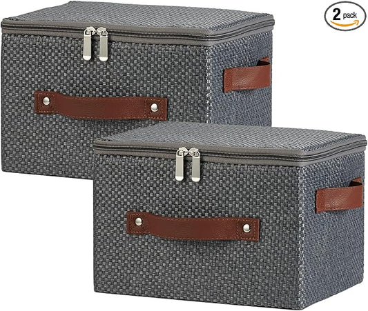 2PCS Storage Bins with Lid Fabric Storage Box Basket PU Leather Handle Textured Woven Cotton Linen Decorative Foldable Washable Shelf Closet Organizer Container (Zipper Lid, Gray, Small)-NeatNest