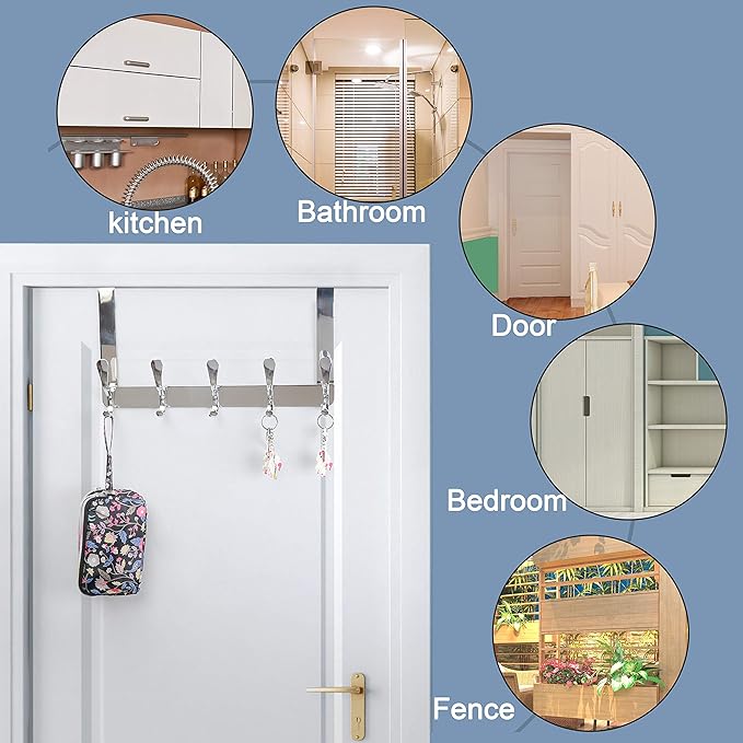 SKOLOO Over The Door Hook, Door Hanger Hooks for Hanging Clothes, Towels, Coats, Hats, Over The Door Towel Hook - Silver, Assembly Required