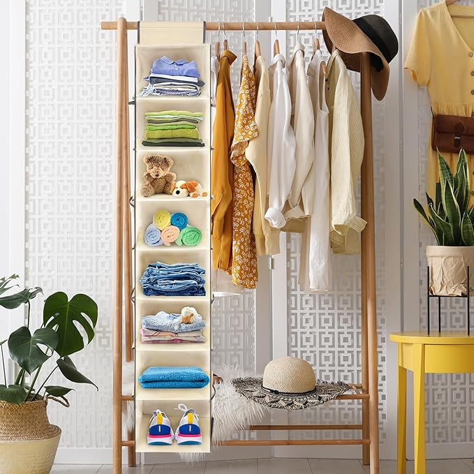 2 Pack Large-Sized Hanging Shoe Organizer 8-Shelf, Hanging Closet Organizer with 8 Side Pockets, Wider Hanging Shelves for Storage Shoes Clothes 9" W × 11.8" D× 48" H, Beige.-NeatNest