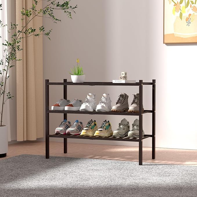 3 Tier Bamboo Shoe Rack for Closet Free Standing Wood Shoe Shelf for Entryway Small Space Stackable 27"x11"x20" (Brown)-NeatNest